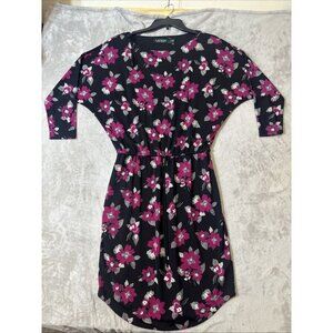 Lauren Ralph Lauren Women’s Small Floral Print Dress Black Pink Midi Belted